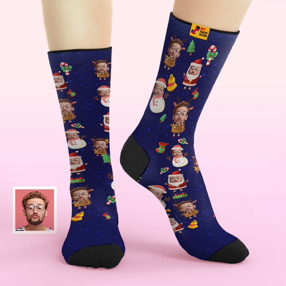 Custom Face Socks Add Pictures and Name Santa claus and Snowman Breathable Soft Socks - MyFaceSocksAu