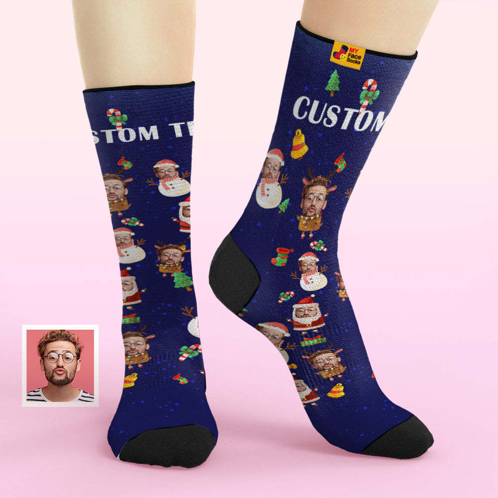 Custom Face Socks Add Pictures and Name Santa claus and Snowman Breathable Soft Socks - MyFaceSocksAu