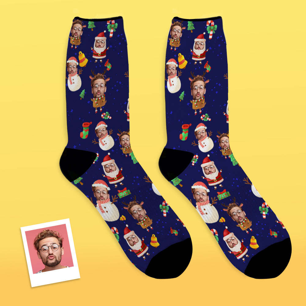 Custom Face Socks Add Pictures and Name Santa claus and Snowman Breathable Soft Socks - MyFaceSocksAu