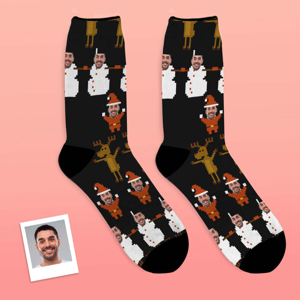 Custom Face Socks Breathable Photo Socks Christmas Pixel Pattern Socks - MyFaceSocksAu