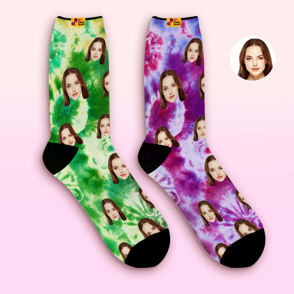 Custom Mismatched Couple Socks Tie-Dye Style Breathable Face Socks Personalised Soft Socks Gifts - MyFaceSocksAu