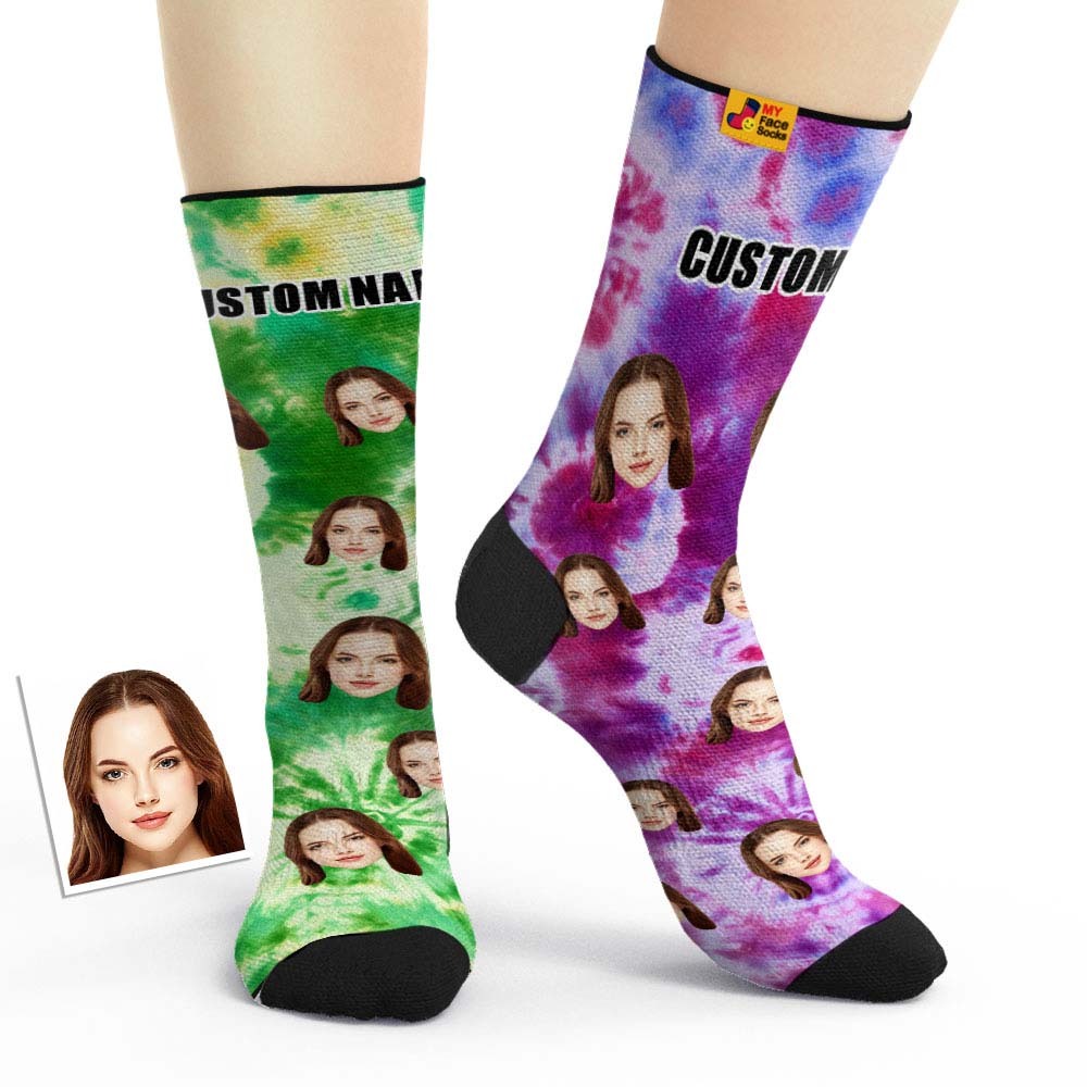 Custom Mismatched Couple Socks Tie-Dye Style Breathable Face Socks Personalised Soft Socks Gifts - MyFaceSocksAu