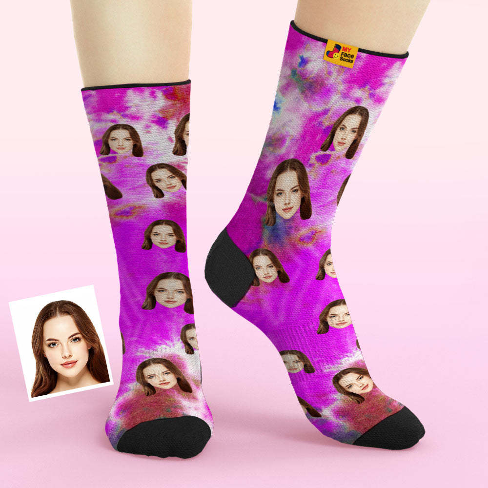 Custom Tie-Dye Style Breathable Face Socks Personalised Soft Socks Gifts Violet - MyFaceSocksAu