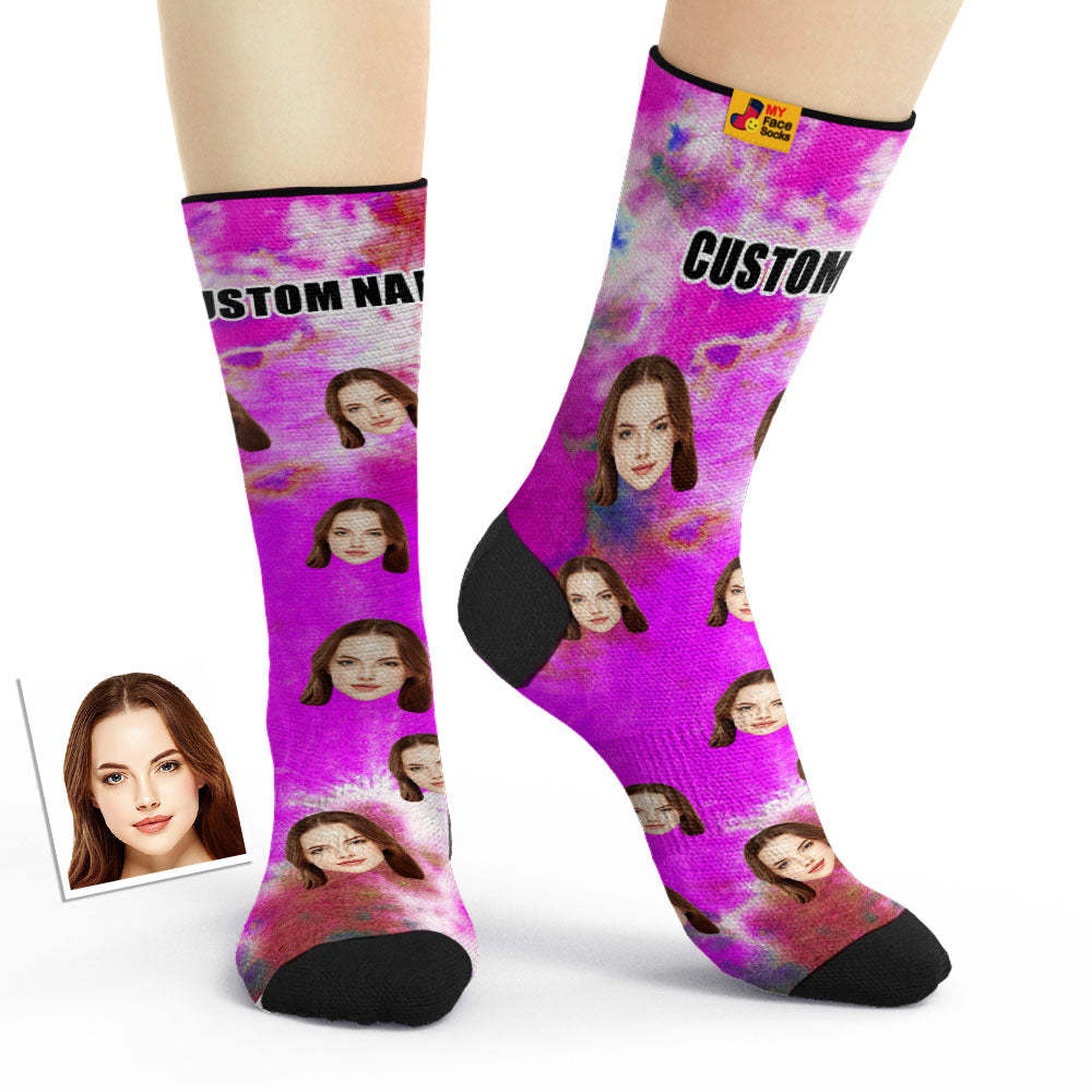 Custom Tie-Dye Style Breathable Face Socks Personalised Soft Socks Gifts Violet - MyFaceSocksAu