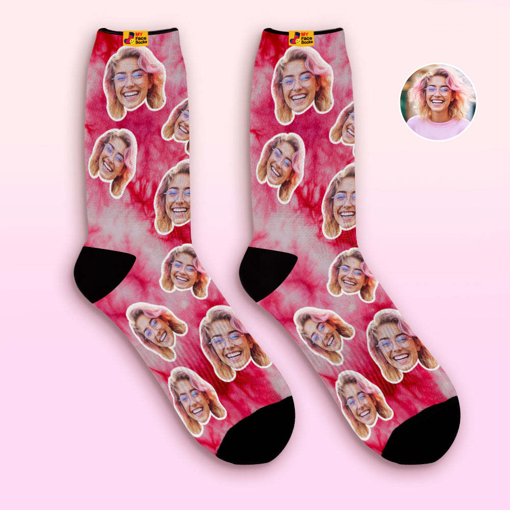 Custom Tie Dye Style Breathable Face Socks Personalised Soft Socks Gifts Red Color - MyFaceSocksAu