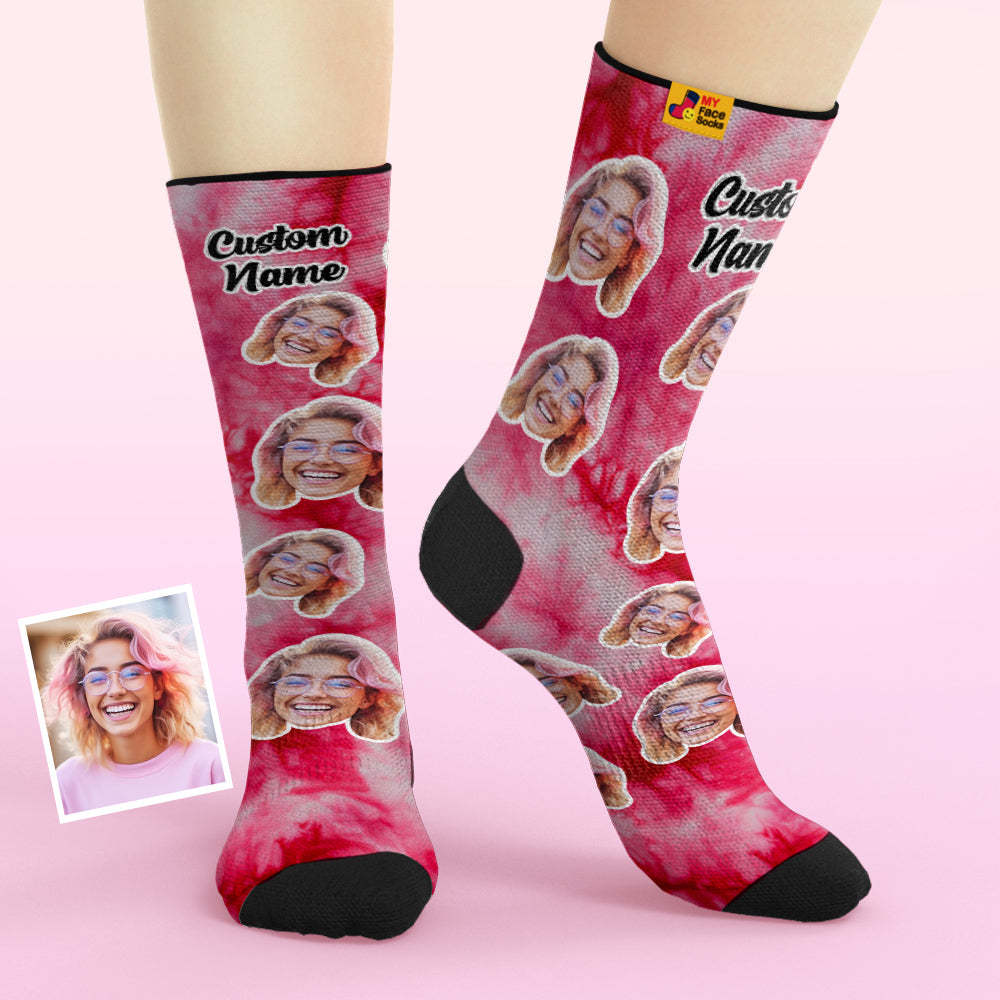 Custom Tie Dye Style Breathable Face Socks Personalised Soft Socks Gifts Red Color - MyFaceSocksAu