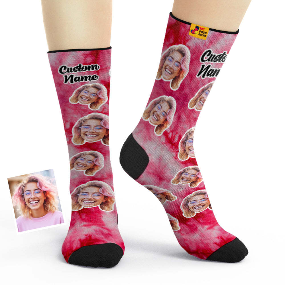 Custom Tie Dye Style Breathable Face Socks Personalised Soft Socks Gifts Red Color - MyFaceSocksAu