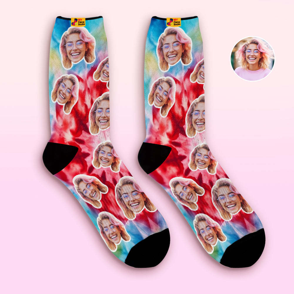 Custom Tie Dye Style Breathable Face Socks Personalised Soft Socks Gifts Ice Dye - MyFaceSocksAu