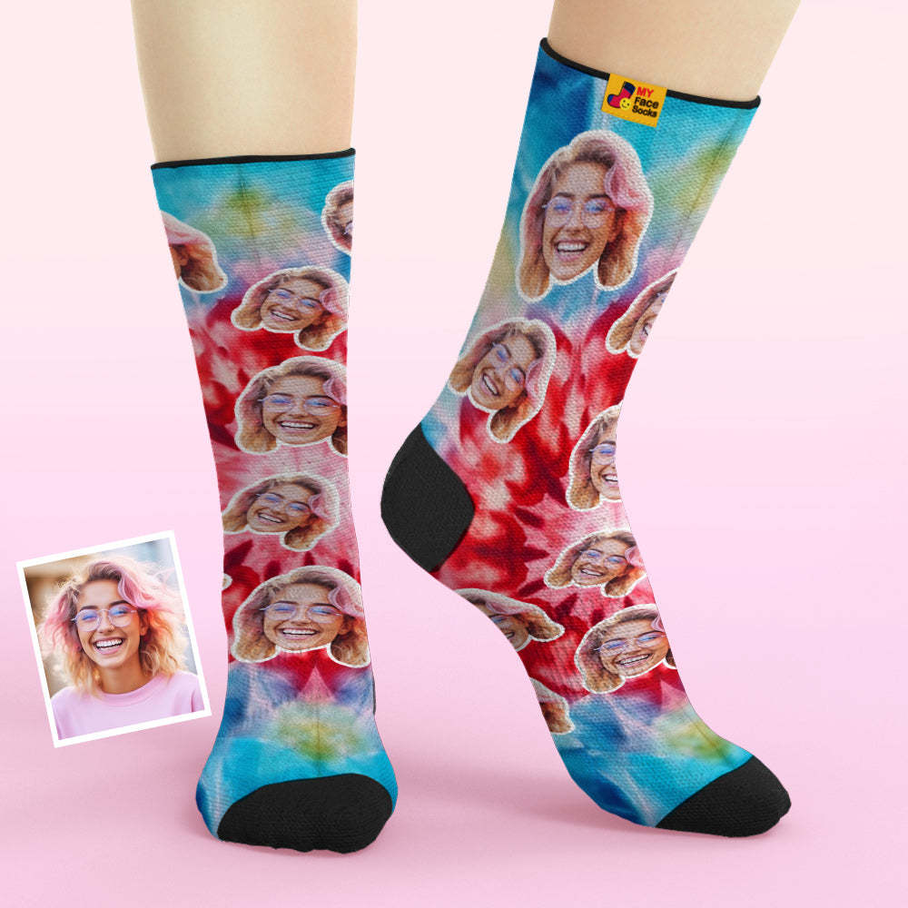 Custom Tie Dye Style Breathable Face Socks Personalised Soft Socks Gifts Ice Dye - MyFaceSocksAu