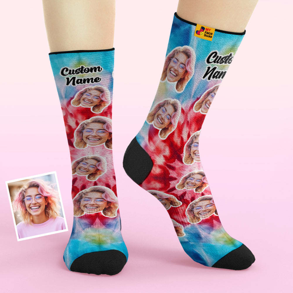 Custom Tie Dye Style Breathable Face Socks Personalised Soft Socks Gifts Ice Dye - MyFaceSocksAu