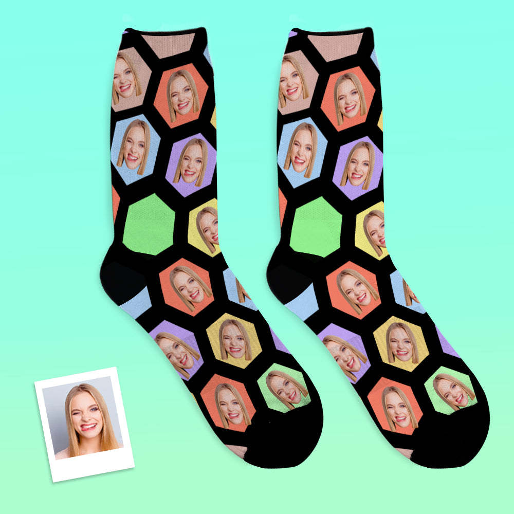 Custom Face Socks Add Pictures and Name Hexagon Breathable Soft Socks - MyFaceSocksAu