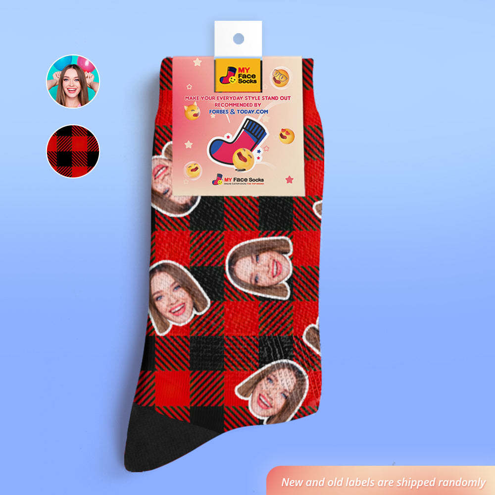 Custom Face Socks Add Pictures and Name Red Plaid Print Breathable Soft Socks - MyFaceSocksAu