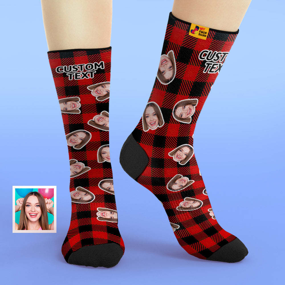 Custom Face Socks Add Pictures and Name Red Plaid Print Breathable Soft Socks - MyFaceSocksAu