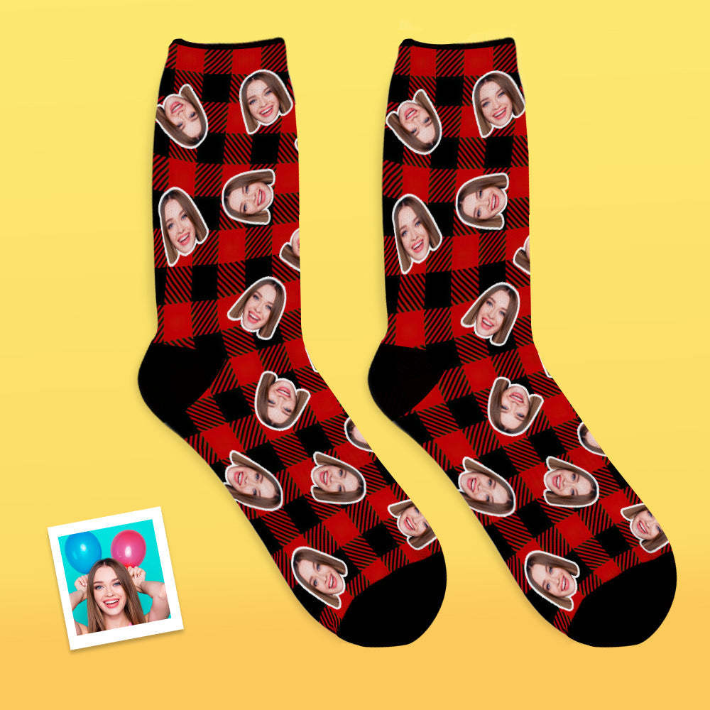 Custom Face Socks Add Pictures and Name Red Plaid Print Breathable Soft Socks - MyFaceSocksAu