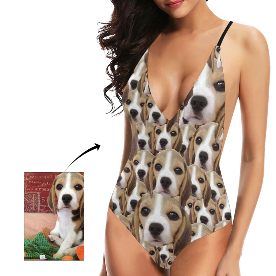 Custom Cute Dog Face V-Neck Women's One Piece Sexy Swimsuit - MyFaceSocksAu