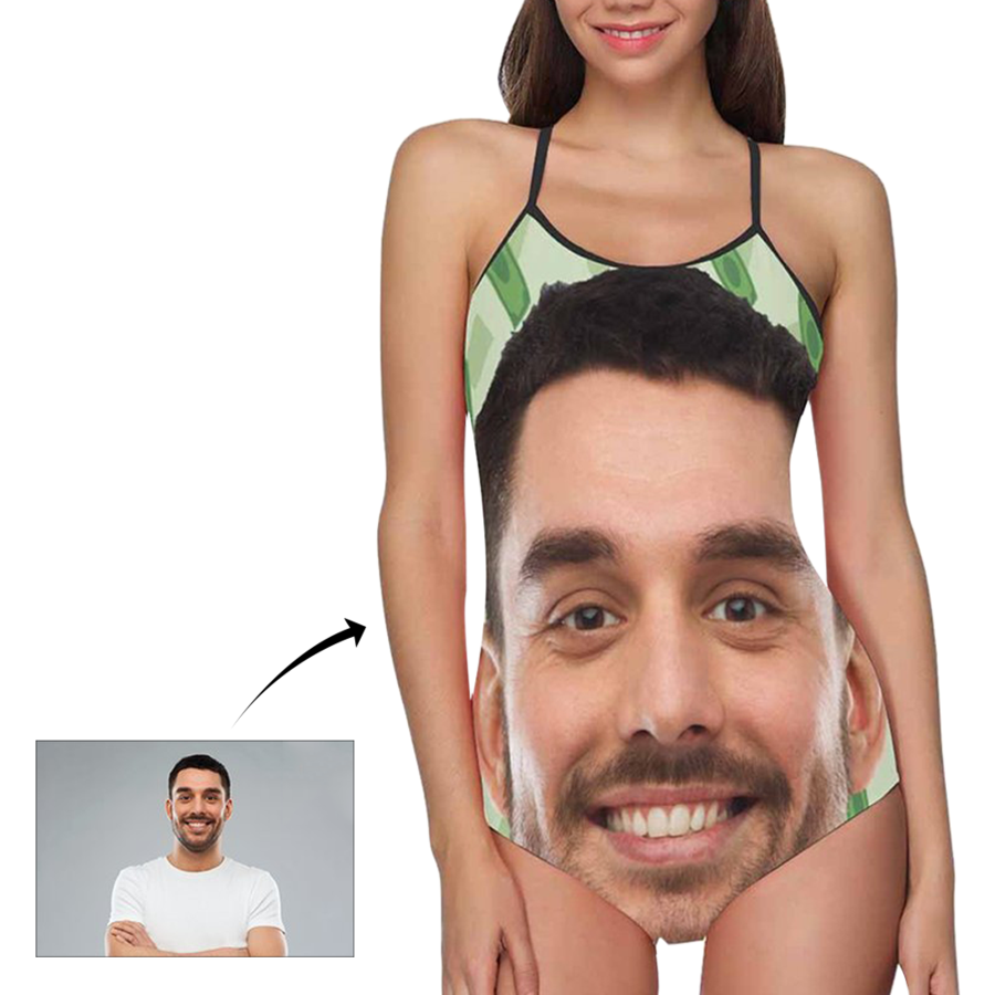 Custom Funny Face Green Background Women's Slip One Piece Swimsuit - MyFaceSocksAu