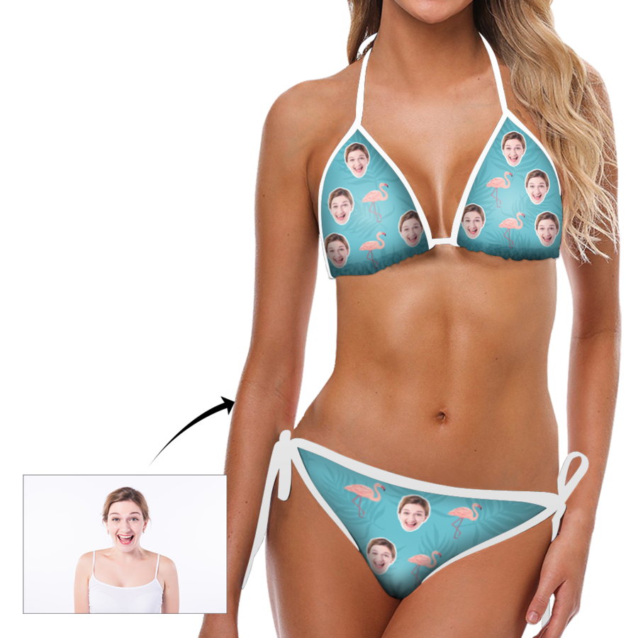 Custom face Photo Flamingo and Blue Background Bikini Sexy Suit - MyFaceSocksAu