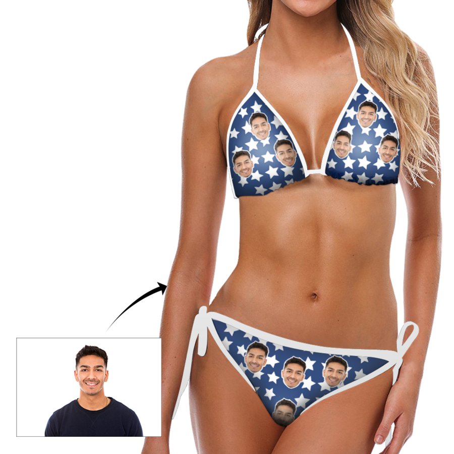Custom face Photo Blue Backgrouns White Stars Bikini Sexy Suit - MyFaceSocksAu