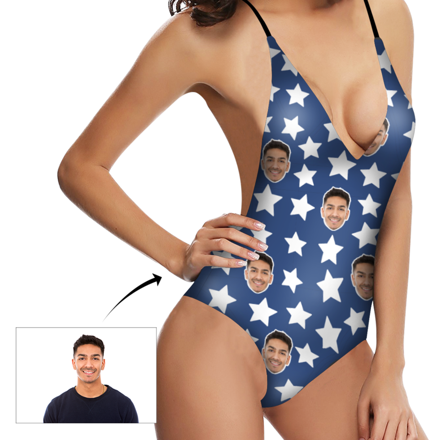 Custom face Photo White Stars Blue Women's One Piece Swimsuit - MyFaceSocksAu