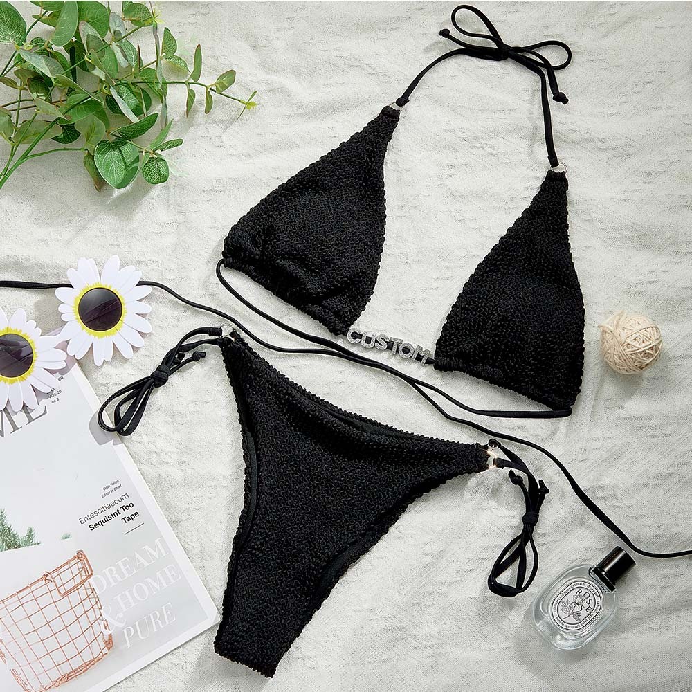 Custom Name Waist Band Halter Triangle Tie Side Bikini Sets Personalized DIY Crystal Letters Bikini - MyFaceSocksAU