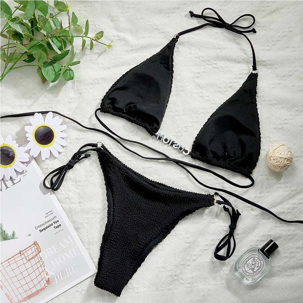 Custom Name Waist Band Halter Triangle Tie Side Bikini Sets Personalized DIY Crystal Letters Bikini - MyFaceSocksAU