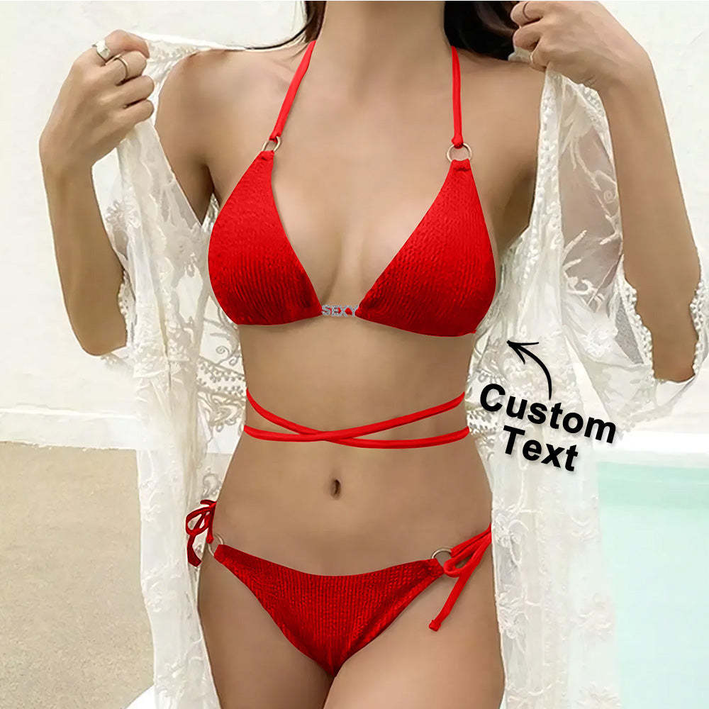 Custom Name Waist Band Halter Triangle Tie Side Bikini Sets Personalized DIY Crystal Letters Bikini - MyFaceSocksAU