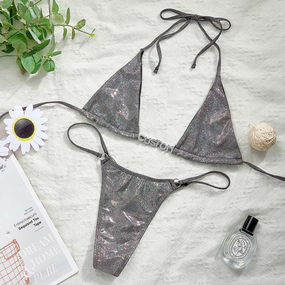 Custom Name Silver Triangle Bikini Sets Sexy DIY Crystal Letters Bikini - MyFaceSocksAU