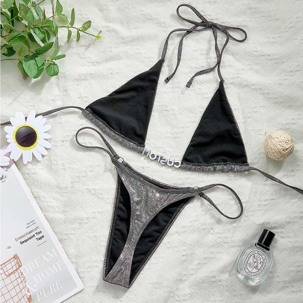 Custom Name Silver Triangle Bikini Sets Sexy DIY Crystal Letters Bikini - MyFaceSocksAU