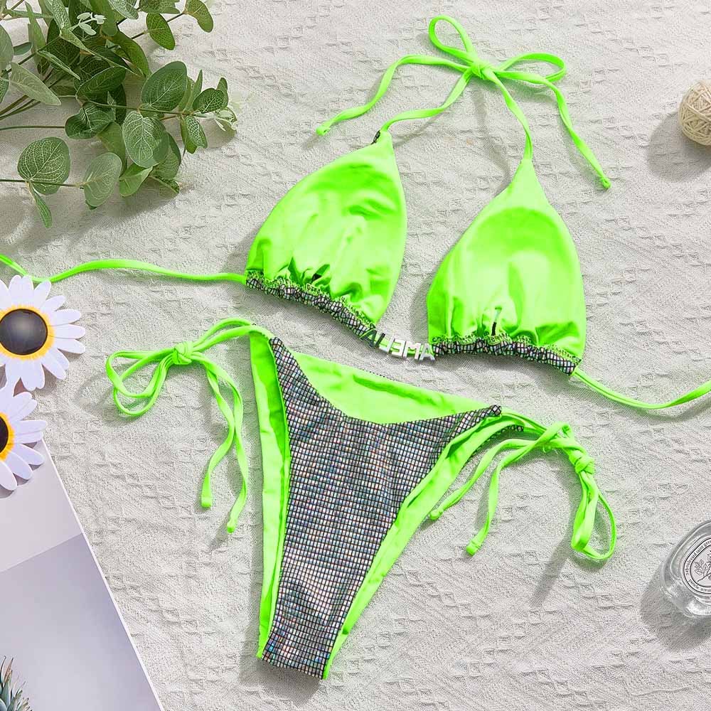 Custom Name Triangle Halter Bikini Sets Personalized Sexy DIY Crystal Letters Bling Bling Bikini - MyFaceSocksAU