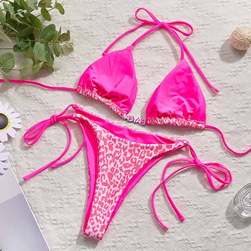 Custom Name Leopard Triangle Halter Bikini Sets Personalized Sexy DIY Crystal Letters Bikini - MyFaceSocksAU