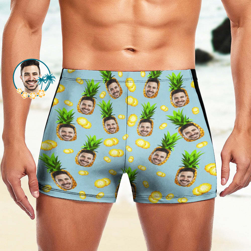 Custom Men's Swim Boxer Shorts, Hawaiian Face Swim Trunks, Peseronalized Swim Briefs - Pineapple