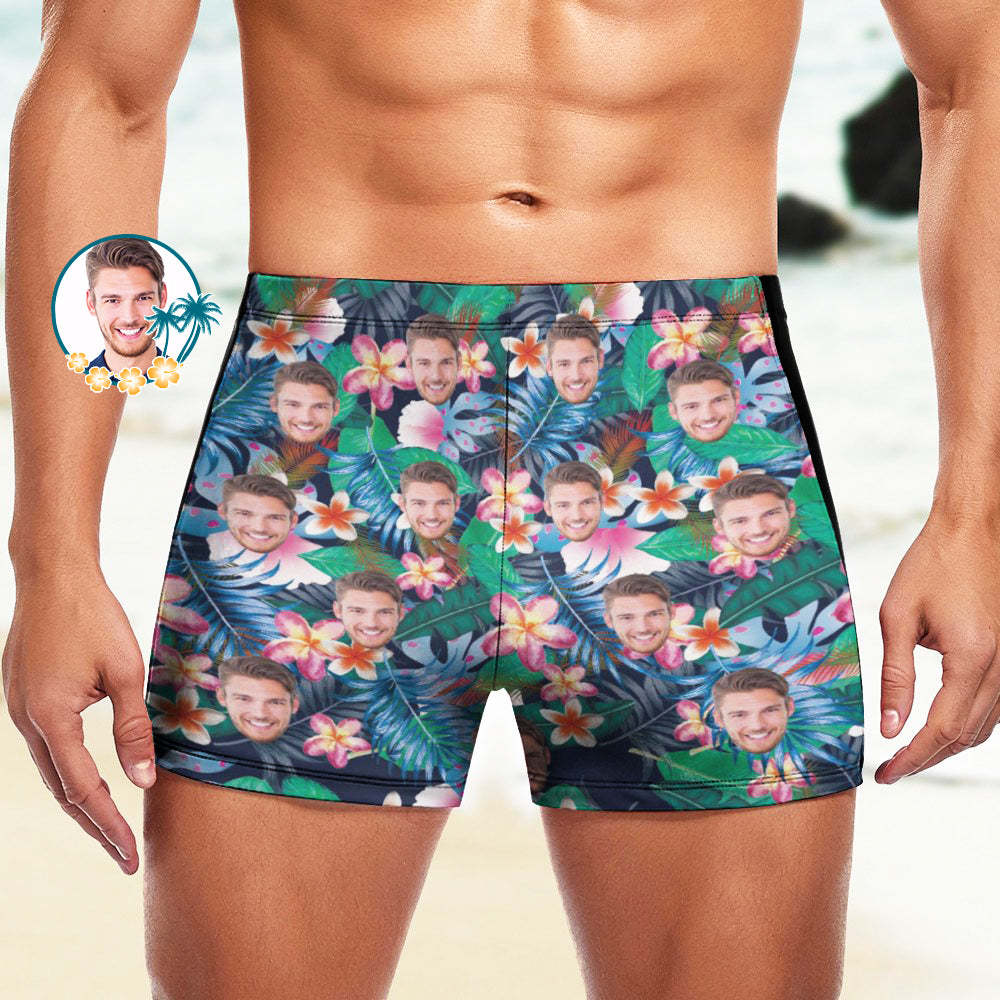 Custom Men's Swim Boxer Shorts, Hawaiian Face Swim Trunks, Peseronalized Swim Briefs - Colorful Flowers