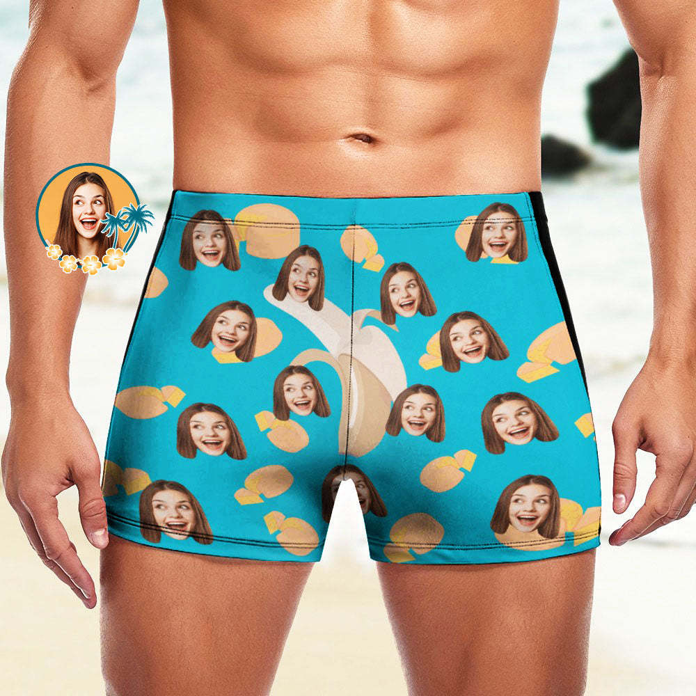 Custom Men's Swim Boxer Shorts, Hawaiian Face Swim Trunks, Peseronalized Swim Briefs - Banana and Cheese
