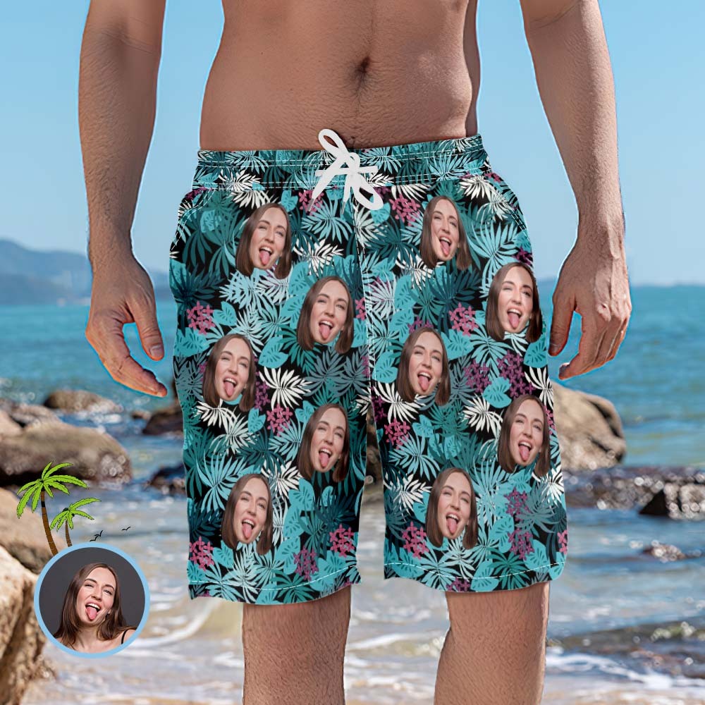 Men's Custom Face Beach Trunks Photo Shorts - Rainforest