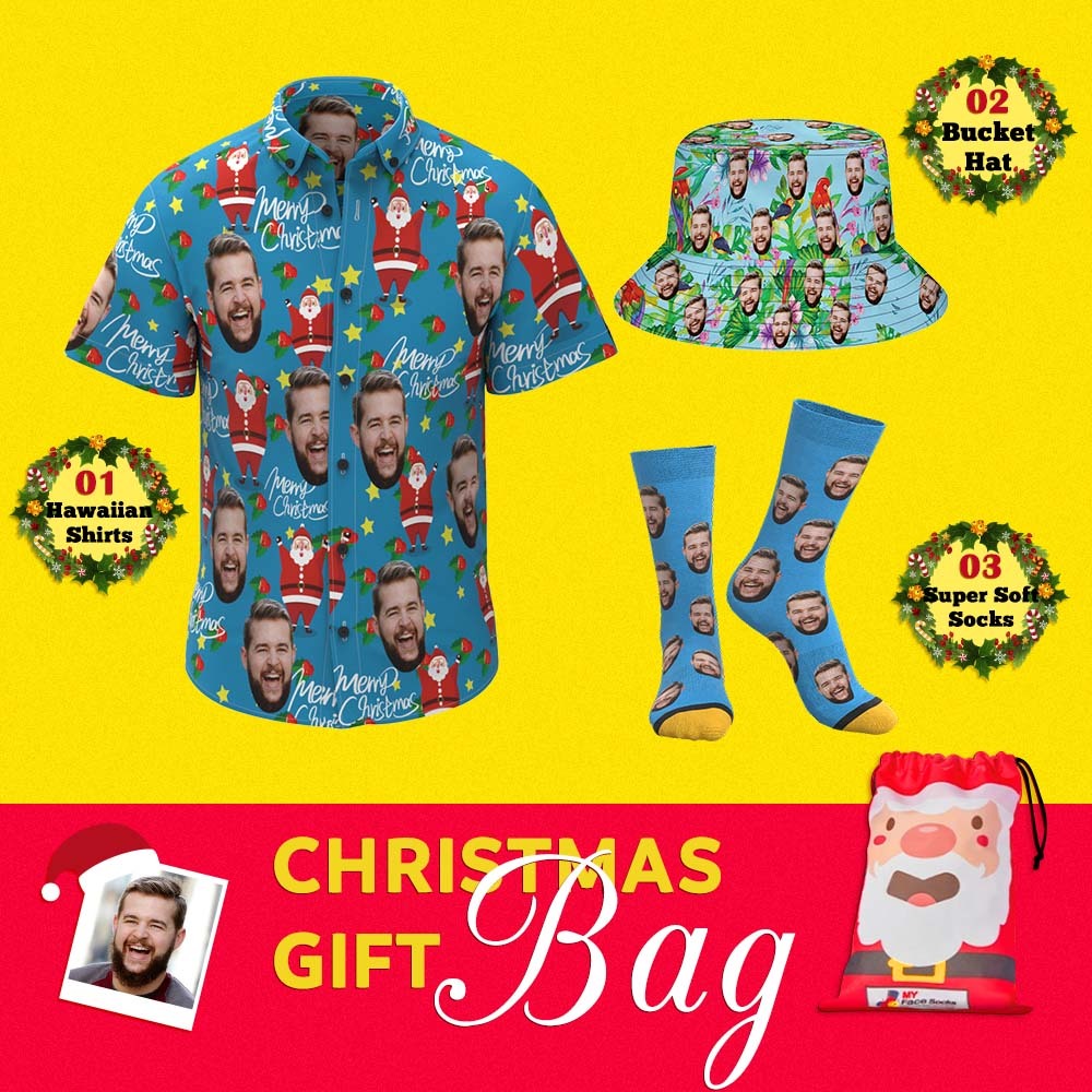 Christmas Gift Bags Custom Face Hawaiian Shirts & Socks & Bucket Hats Set For Him