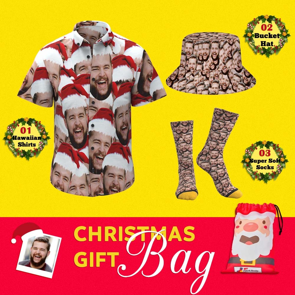 Christmas Gift Bags Custom Face Hawaiian Shirts & Socks & Bucket Hats Set For Him