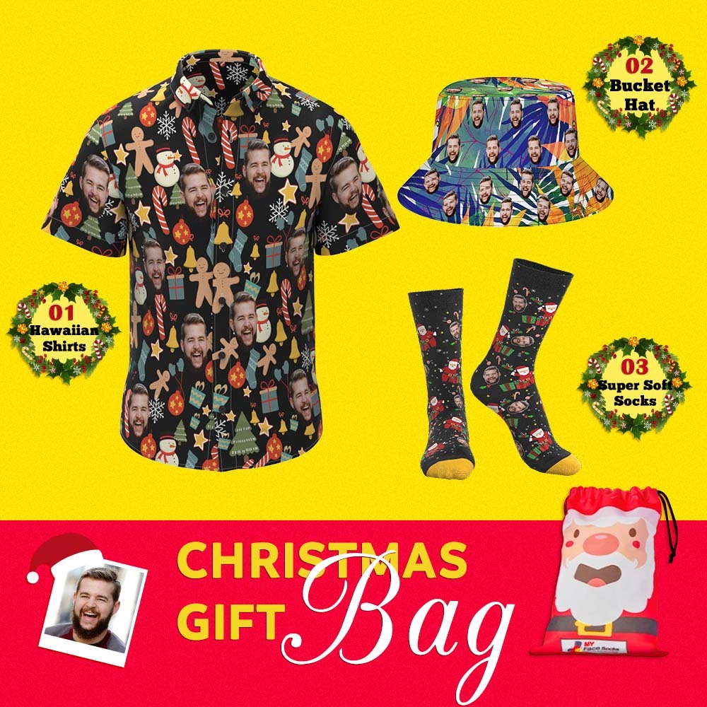Christmas Gift Bags Custom Face Hawaiian Shirts & Socks & Bucket Hats Set For Him