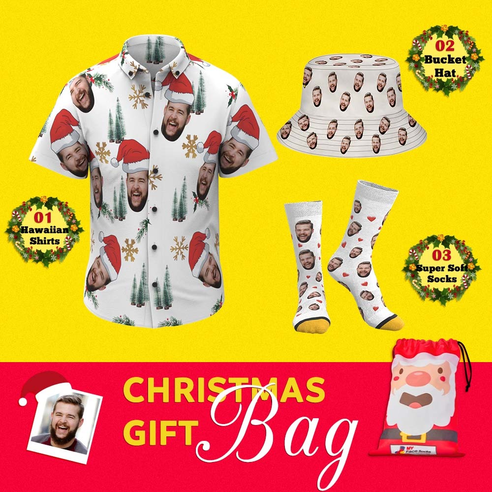 Christmas Gift Bags Custom Face Hawaiian Shirts & Socks & Bucket Hats Set For Him