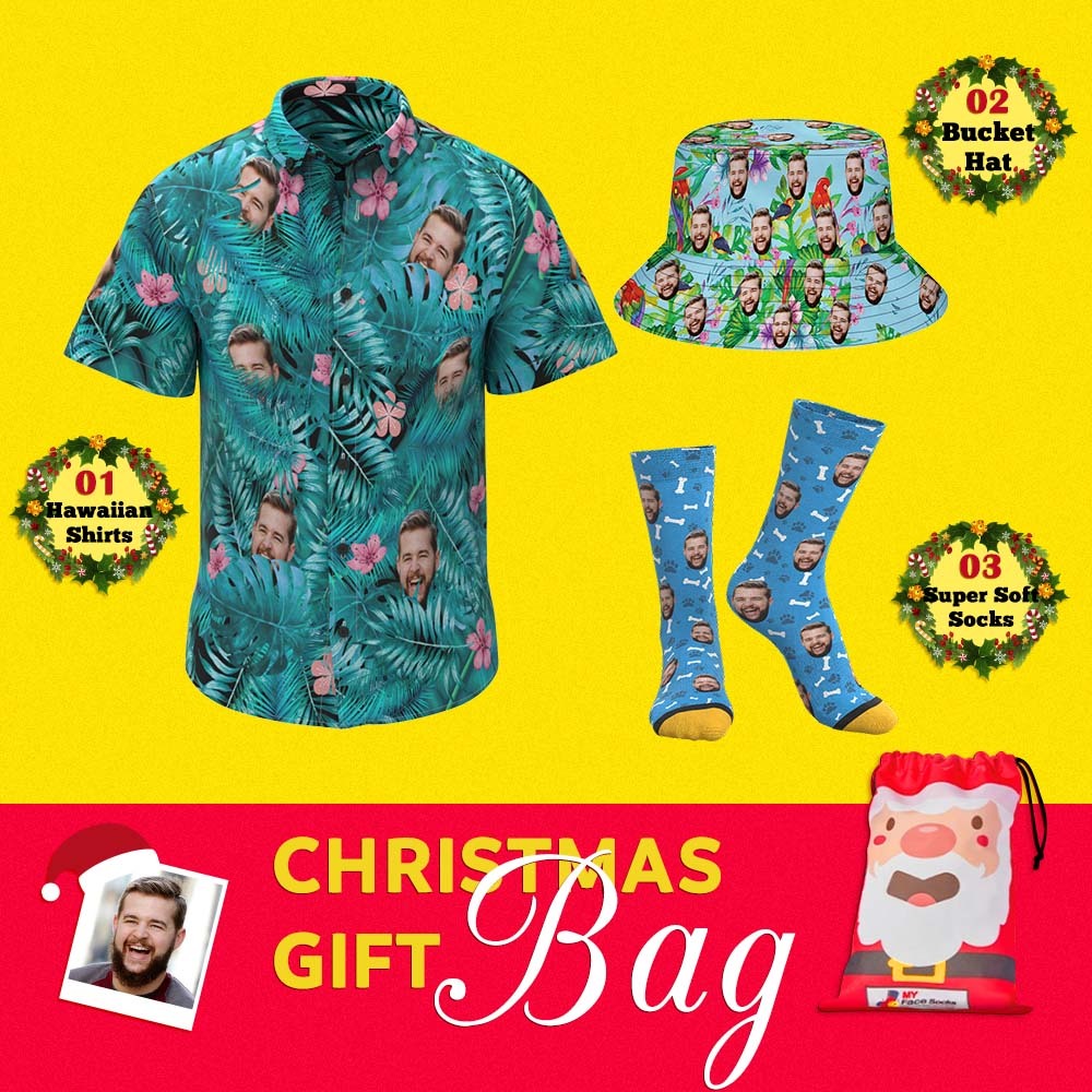 Christmas Gift Bags Custom Face Hawaiian Shirts & Socks & Bucket Hats Set For Him