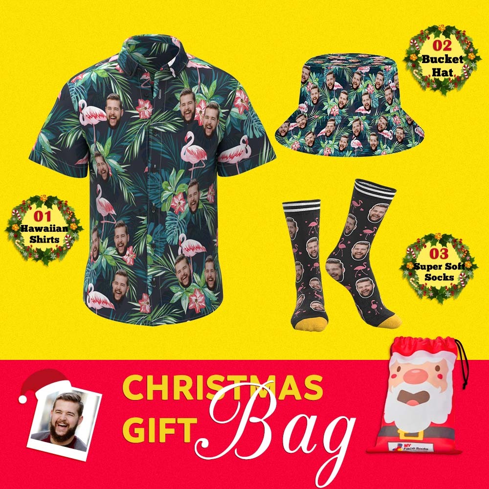 Christmas Gift Bags Custom Face Hawaiian Shirts & Socks & Bucket Hats Set For Him