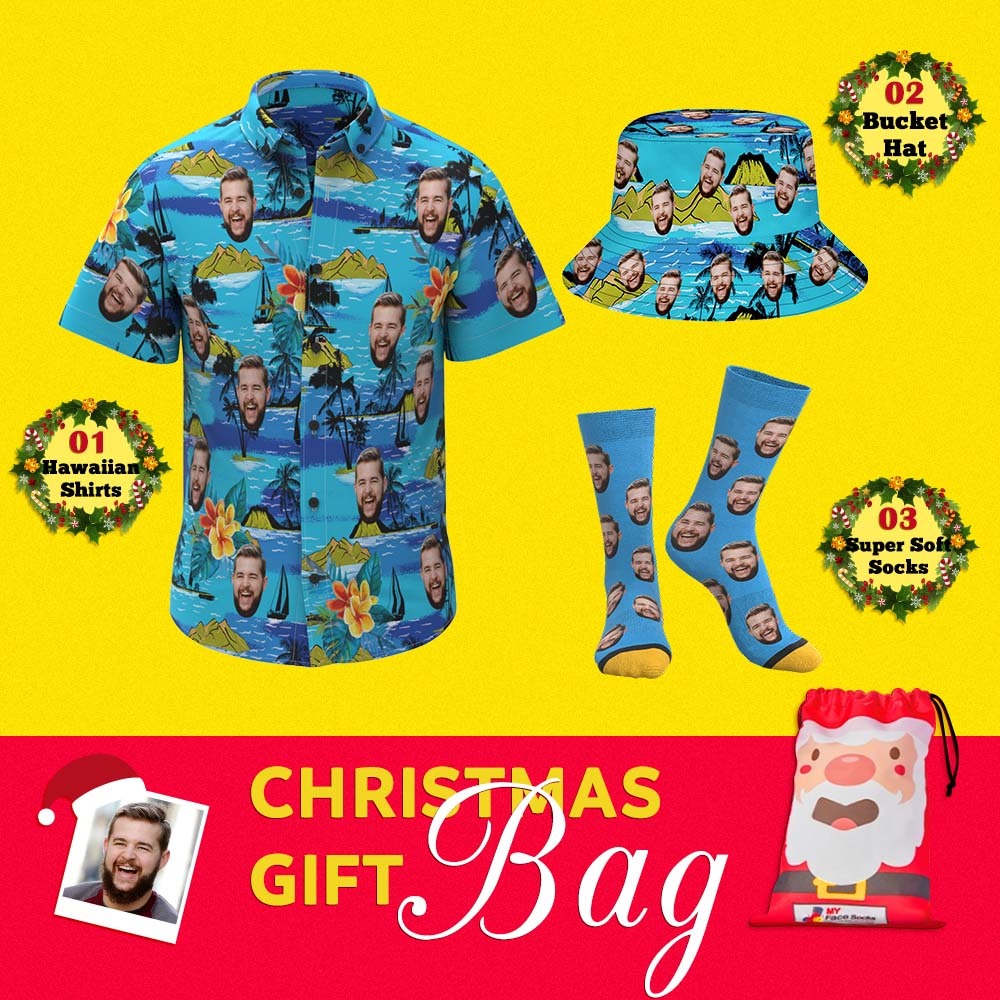 Christmas Gift Bags Custom Face Hawaiian Shirts & Socks & Bucket Hats Set For Him