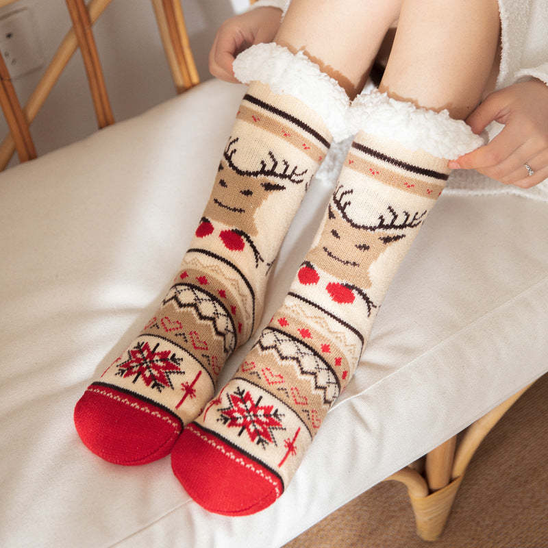 Christmas Socks Plush Coral Fleece Winter Home Floor Socks Red Slipper Socks - Bell Elk - MyFaceSocksAu
