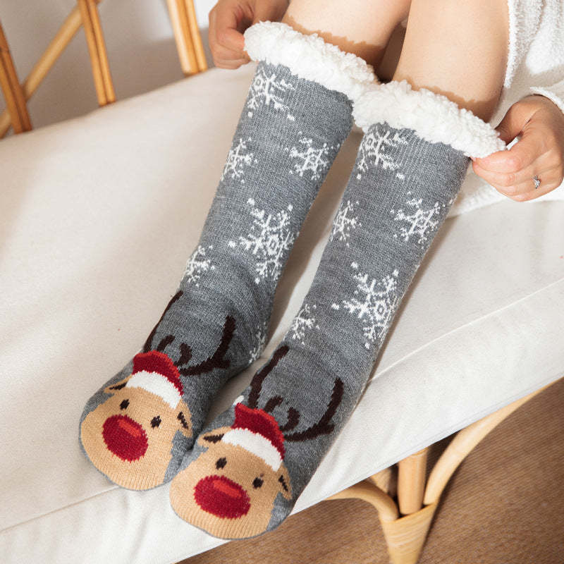 Christmas Socks Plush Coral Fleece Winter Home Floor Socks Gray Slipper Socks - Deer - MyFaceSocksAu