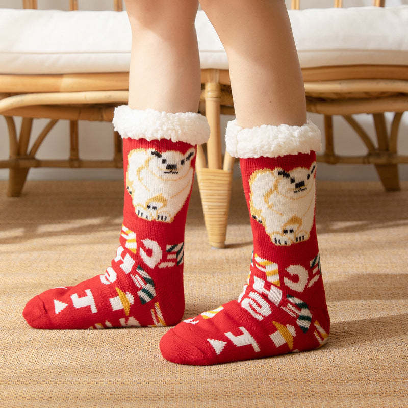 Christmas Socks Plush Coral Fleece Winter Home Floor Socks Red Slipper Socks - Polar Bear-MyFaceSocksAu