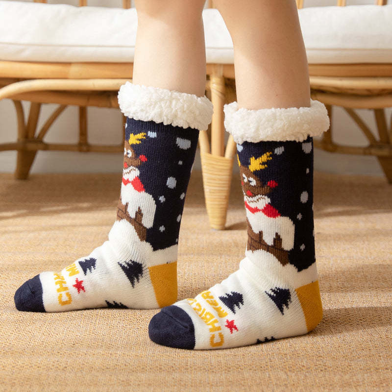 Christmas Socks Plush Coral Fleece Winter Home Floor Socks Navy Blue Slipper Socks - Elk - MyFaceSocksAu