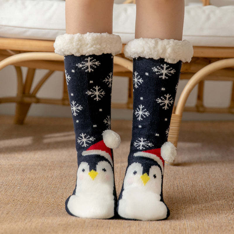 Christmas Socks Plush Coral Fleece Winter Home Floor Socks Navy Blue Slipper Socks - Penguin - MyFaceSocksAu