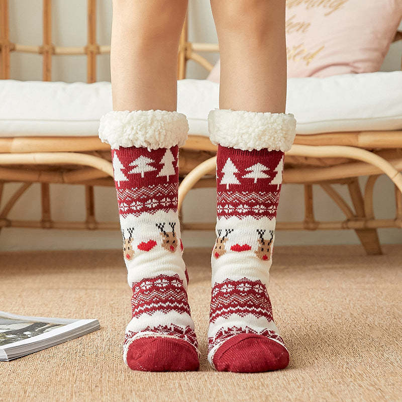 Christmas Socks Plush Coral Fleece Winter Home Floor Socks Wine Red Slipper Socks - Love Deer - MyFaceSocksAu
