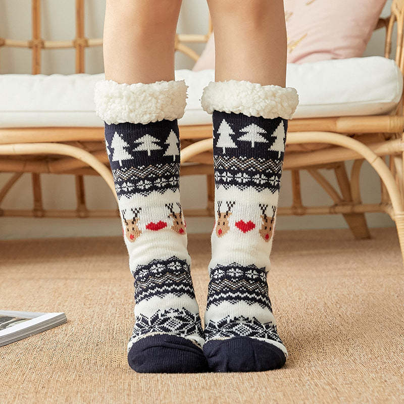 Christmas Socks Plush Coral Fleece Winter Home Floor Socks Navy Blue Slipper Socks - Love Deer - MyFaceSocksAu
