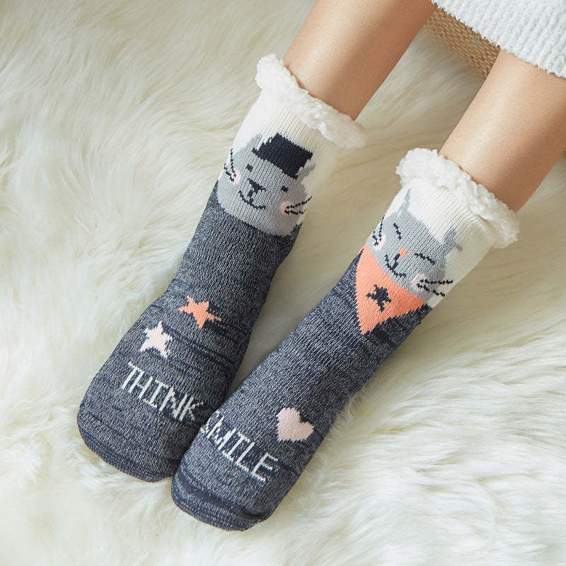 Christmas Socks Plush Coral Fleece Winter Home Floor Socks Gray Slipper Socks - Cat - MyFaceSocksAu