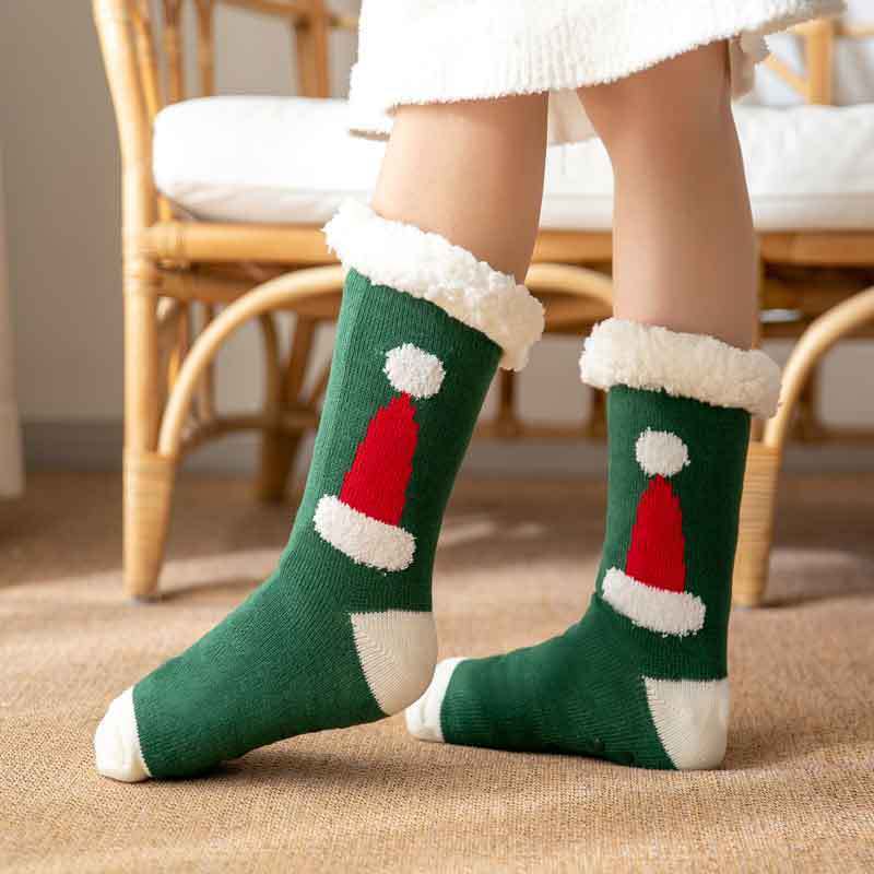 Christmas Socks Plush Coral Fleece Winter Home Floor Socks Green Slipper Socks - Santa Hat - MyFaceSocksAu